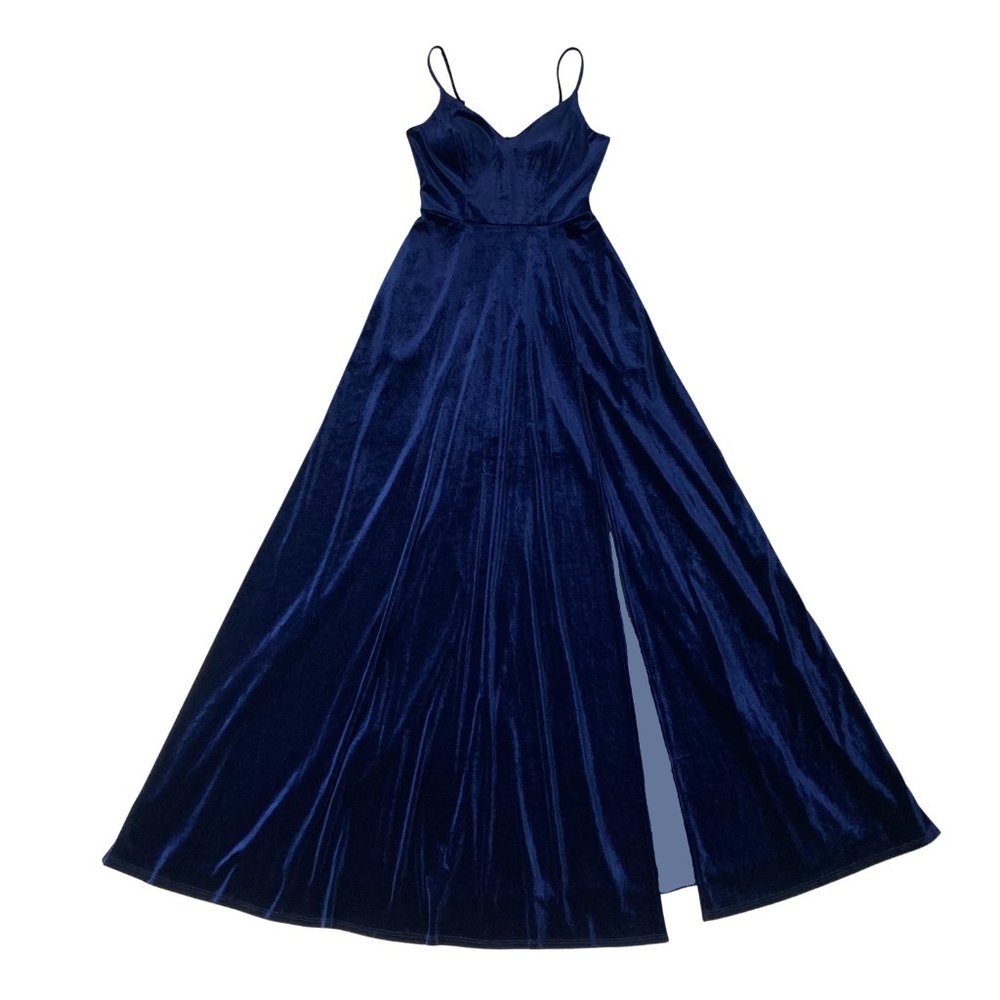 Blue Velvet Formal Gown Dress Maxi Full Length Wedding Thigh High Slit